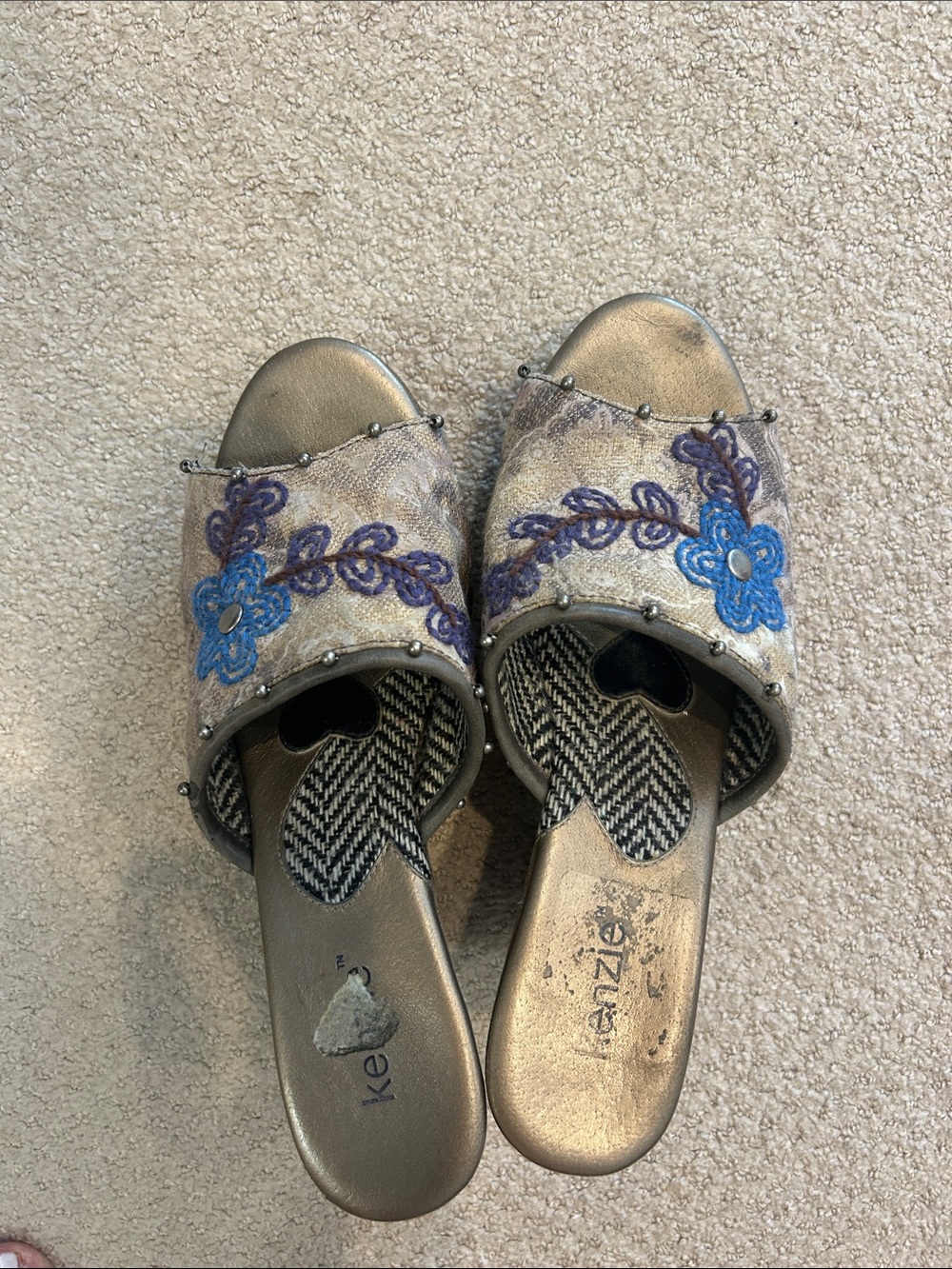 Kenzie Gold Slip-On Mules with Blue Floral Embroidery